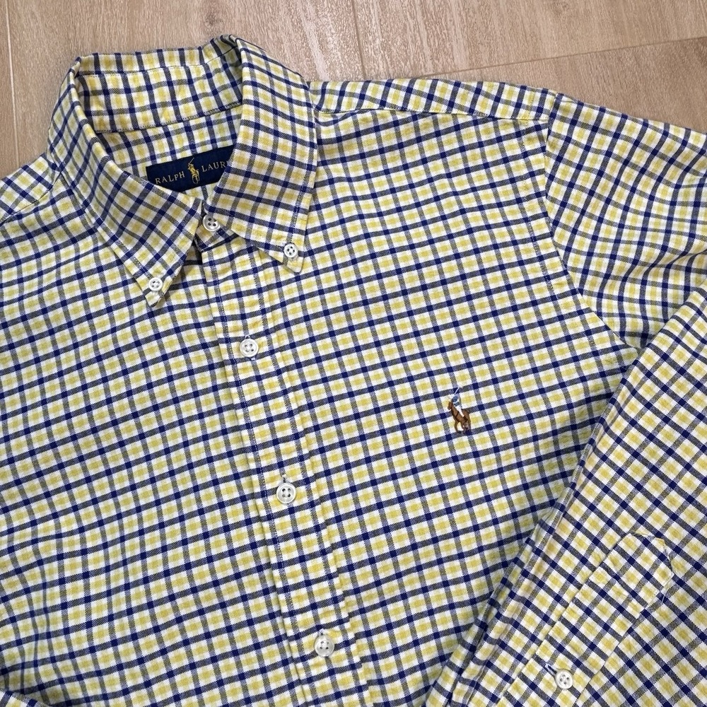 Ralph Lauren Button Down Shirt Medium Mens Yellow Navy Blue Gingham Check